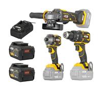 JCB Pro 18V Cordless 3-Piece Tool Kit, 75Nm Combi Drill, 230Nm Impact Driver & 115mm Angle Grinder, 2X 5.0Ah Batteries, 4.5A Fast Charger, Soft Tool Bag