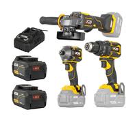 JCB Pro 18V Cordless 3-Piece Tool Kit, 75Nm Combi Drill, 230Nm Impact Driver & 115mm Angle Grinder, 2X 5.0Ah Batteries, 4.5A Fast Charger, Soft Tool Bag