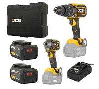 JCB Pro 18V Ultra-High Torque Brushless Twin Pack - 160Nm Combi Drill & 230Nm Impact Driver, 2X 5.0Ah Batteries, 4.5A Fast Charger & L-Boxx Case - 3 Year Warranty