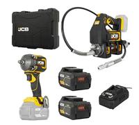 JCB Pro 18V with 1/2" Impact Wrench 620Nm + Cordless Grease Gun, 2× 5.0Ah Batteries & 4.5A Fast Charger, Supplied in Soft Tool Bag
