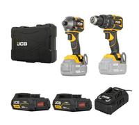JCB Pro 18V Brushless Twin Pack - Combi Drill (75Nm) & Impact Driver (230Nm) - Includes 2X 5.0Ah High Capacity Batteries, 4.5A Fast Charger & Hard Case - Cordless Power Tool Set - 3 Year Warranty
