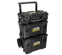 JCB Site System, 3-Piece Modular Tool Box, Rolling Tool Storage, Toolbox, Organiser, Heavy-duty Tool Box 9’’ Wheel Trolley for Workshop, Builders, Decorators and Tradespeople