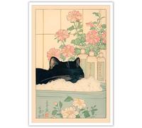 JCCSFF Japanese Funny Black Cat In The Bathtub Posters Cute Animal Take Bath Canvas Wall Art Rustic Style Simple Pet Lovers Prints Painting For Bathroom Home Bedroom Dorm Wall Decor 12x16in Unframed
