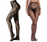 JCGJC Patterned Tights for Women UK, Fashion Heart & Floral Tights, Black Lace Fishnet Tight