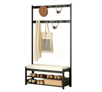 Jcgly Coat Rack Shoe Bench, 2-Tier Open Shoe Rack, Wooden Hall Tree with 2.75 in Thick Padded Seat, for Mudroom, Hallway, Living Room(Black,100cm/39in)