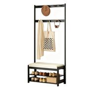 Jcgly Coat Rack Shoe Bench, 2-Tier Open Shoe Rack, Wooden Hall Tree with 2.75 in Thick Padded Seat, for Mudroom, Hallway, Living Room(Black,80cm/31.5in)