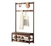 Jcgly Coat Rack Shoe Bench, 2-Tier Open Shoe Rack, Wooden Hall Tree with 2.75 in Thick Padded Seat, for Mudroom, Hallway, Living Room(Brown,100cm/39in)