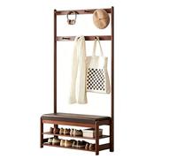 Jcgly Coat Rack Shoe Bench, 2-Tier Open Shoe Rack, Wooden Hall Tree with 2.75 in Thick Padded Seat, for Mudroom, Hallway, Living Room(Brown,80cm/31.5in)