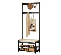 Jcgly Coat Rack Shoe Bench, 2-Tier Open Shoe Rack, Wooden Hall Tree with 2.75 in Thick Padded Seat, for Mudroom, Hallway, Living Room(Black,60cm/23.5in)