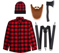 JcHrmers 5 Pcs Lumberjack Costume Set Red Black Plaid Shirt Beanie Suspender Foam Axe Beard for Adult Halloween Cosplay (M)