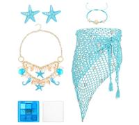 JcHrmers 6 Pcs Mermaid Costume Accessories for Women Blue Crochet Fishnet Skirt Starfish Shell Necklace Hair Clips Bracelets Set for Summer Ocean Beach Themed Parties Dress Up(Style 2)