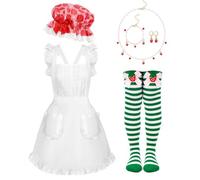 JcHrmers 6Pcs Halloween Strawberry Cake Costume Sweety Berry Accessories Apron Bonnet Hat Thigh High Socks Necklace Bracelet Earrings for Women Halloween Cosplay Party Dress Up