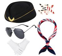 JcHrmers Flight Attendant Costume Accessories for Womem with Hat Scarf Sunglasses Gloves Set for Adult Halloween Cosplay (Black)