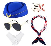 JcHrmers Flight Attendant Costume Accessories for Womem with Hat Scarf Sunglasses Gloves Set for Adult Halloween Cosplay (Royal Blue)
