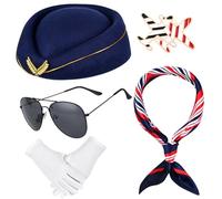 JcHrmers Flight Attendant Costume Accessories for Womem with Hat Scarf Sunglasses Gloves Set for Adult Halloween Cosplay (Dark Blue)