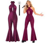 JcHrmers Halloween Costume Women Backless Lace Up Halte Jumpsuit and Microphone Prop (S)