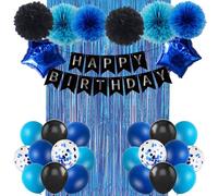 JCitimix Blue and Black Birthday Decorations, Blue Happy Birthday Boy Decorations with Banner Pompoms Curtains for Men Women