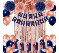 JCitimix Rose Gold and Navy Blue Birthday Decorations for Women, Pink and Blue Party Decorations for Girls with Happy Birthday Banner,Tassels,Curtains, Tissue Pompoms