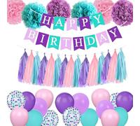 JCitimix Teal Blue Purple Pink Birthday Decorations, Purple Birthday Party Decorations for Women with Banner PomPoms Tassels Balloons