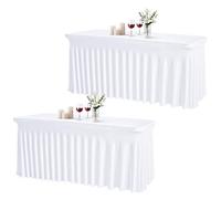JCJ Table Skirt for Rectangle Tables Set of 2 Spandex Fitted White Tablecloths for 4FT Tables, Wrinkle Resistant Ruffles Elastic Table Cover Skirts for Teacher Desk Weddings Banquets Parties