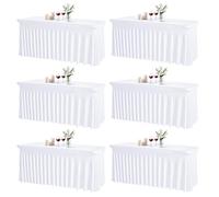 JCJ Table Skirt for Rectangle Tables Set of 6 Spandex Fitted White Tablecloths for 6FT Tables, Wrinkle Resistant Ruffles Elastic Table Cover Skirts for Teacher Desk Weddings Banquets Parties