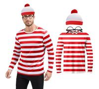 JClorix Wheres Wally Costume Adults Mens Womens Red White Striped Top Hat Glasses Socks World Book Day Fancy Dress Cosplay Outfit Teachers Staff School Party S-XXL