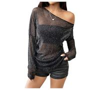 JCNAGXY Off The Shoulder Tops for Women Glitter Mesh Sheer Long Sleeve Night Out Tee Shirts