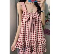 JCNAGXY Women Plaid Pajama Sets Sleeveless Bow Tops Ruffles Shorts Sweet Girls Leisure Cozy Teenagers Nightwear Lovely Female