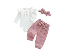 JCOPLY Baby Girl Outfit Infant Spring Autumn Clothes Solid Color Long Sleeve Ribbed Knitted Romper Tops Floral Corduroy Trousers with Bow Headband (Pink, 9-12 Months)