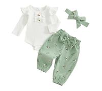 JCOPLY Baby Girl Outfit Infant Spring Autumn Clothes Solid Color Long Sleeve Ribbed Knitted Romper Tops Floral Corduroy Trousers with Bow Headband (Green, 0-3 Months)