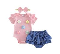 JCOPLY Infant Baby Girl Summer Outfits Newborn Clothes Crochet Flowers Decor Short Sleeve Ribbed Knitted Rompers Ruffle Denim Shorts Set Bow Headband (Pink, 0-3 Months)
