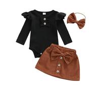 JCOPLY Infant Baby Girl Two Piece Outfit Newborn Autumn Winter Clothes Long Sleeve Ribbed Knitted Romper Tops Corduroy Mini Skirts Set Bow Headband (Black, 6-9 Months)
