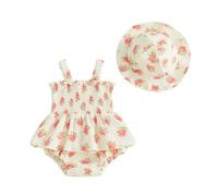 JCOPLY Little Baby Girl Romper Dress with Sunhat Set Sleeveless Bodysuits Smocked Jumpsuit Floral Overalls Infant Summer Clothes Cotton Linen Clothes (Rose, 12-18 Months)