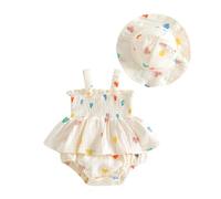 JCOPLY Little Baby Girl Romper Dress with Sunhat Set Sleeveless Bodysuits Smocked Jumpsuit Floral Overalls Infant Summer Clothes Cotton Linen Clothes (Heart, 9-12 Months)