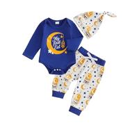 JCOPLY Newborn Baby First Eid Outfit Boy Ramadan Clothing Letter Moon Star Print Long Sleeve Romper Tops Jogger Trousers Set Hat 3Pcs Spring Clothes (Royal Blue, 6-12 Months)