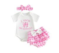 JCOPLY Newborn Baby Girl Summer Clothes Letter Embroidery Knit Tshirt Romper Top Shorts Set Layered Plaid Skirt Headband Toddler Bodysuit Outfits 3 Pcs (Pink, 12-18 Months)