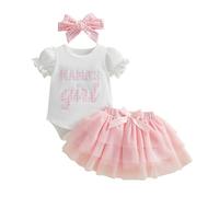 JCOPLY Newborn Baby Mothers Day Outfit Girls Spring Summer Clothes Letters Applique Short Puffy Sleeve Romper Pink Tutu Skirt Bow Headband Set 0-18M (White, 12-18 Months)