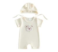 JCOPLY Newborn Clothes Baby Boy Summer Romper Bear Embroidery Short Sleeve Jumpsuit Waffle Playsuit Knit Overalls Infant One Piece Outfit with Hat Set (White, 0-3 Months)