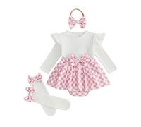 JCOPLY Newborn Clothes Baby Girl Romper Dress With Stockings Headband Set | Infant Spring Autumn Winter Outfit, Long Sleeve Ribbed Knitted Bodysuits, Patching Plaid Skirt Hem, Knee High Socks