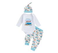 JCOPLY Newborn Coming Home Outfit Baby Boy Spring Autumn Clothes Letter Car Print Long Sleeve Romper Tops Trousers Two Piece Set Camping Clothing (Blue, 0-3 Months)