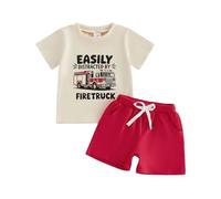 JCOPLY Toddler Baby Boy Summer Outfits Letters Fire Truck Print Crew Neck Short Sleeves Tshirt Top and Solid Elastic Shorts Set Kids Two Piece Clothing