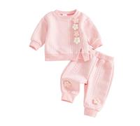 JCOPLY Toddler Baby Girl Outfit Crochet Flower Decor Long Sleeve Crew Neck Sweatshirt Tops Trousers Set 2Pcs Girls Tracksuits Autumn Winter Clothes (Pink, 2-3T)