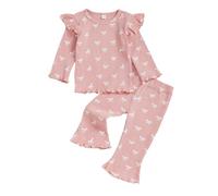 JCOPLY Toddler Baby Girl Outfit Kids Autumn Clothes Bow Print Long Sleeve Crew Neck Ribbed Knit Shirt Tops Frill Trim Bell Bottoms 2 Pcs Outfits Set (Pink, 6-12 Months)