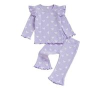 JCOPLY Toddler Baby Girl Outfit Kids Autumn Clothes Bow Print Long Sleeve Crew Neck Ribbed Knit Shirt Tops Frill Trim Bell Bottoms 2 Pcs Outfits Set (Purple, 3-4T)