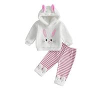 JCOPLY Toddler Baby Girl Spring Autumn Clothes Rabbit Embroidery Bunny Ear Long Sleeve Hooded Fluffy Sweatshirt Striped Trousers Cute Easter Outfit (White, 12-18 Months)
