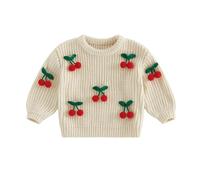 JCOPLY Toddler Baby Girl Sweater Casual Sweet 3D Cherry Decor Crew Neck Knit Chunky Pullover Knitwear Tops Newborn Girls Warm Cozy Fall Winter Clothes (Beige, 0-3 Months)