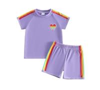 JCOPLY Toddler Baby Girls Summer Clothes Rainbow Heart Embroidery Solid Color Tshirt Tops and Elastic Shorts Sets Kids Short Outfits Two Piece Clothing (Lavender, 4-5T)