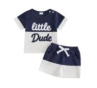 JCOPLY Toddler Summer Outfits Baby Boys Short Set 2Pcs Contrast Color Little Dude Letters Embroidery Short Sleeve T Shirt Tops Knit Waffle Shorts