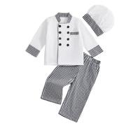 JCOPLY Unisex Toddler Baby Chef Outfit Kids Boys Girls Baker Clothes Long Sleeve Button Up Tops Plaid Trousers with Hat 3 Piece Set 2-7Y for All Season (White, 4-5 Years)