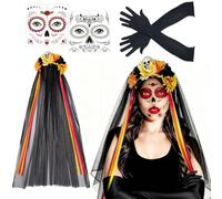 JCOTCL Dia de los Muertos Headband Veil, Carnival Headband and Veil Face Tattoo, Mexican Headband Headdress Rose Skull, Carnival Halloween Women's Costume Accessories